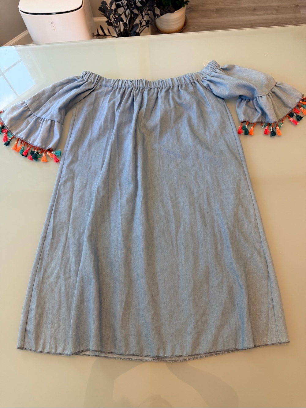 See You Monday Chambray Off The Shoulder Dress Tassel Sleeve Boho Mini [S]